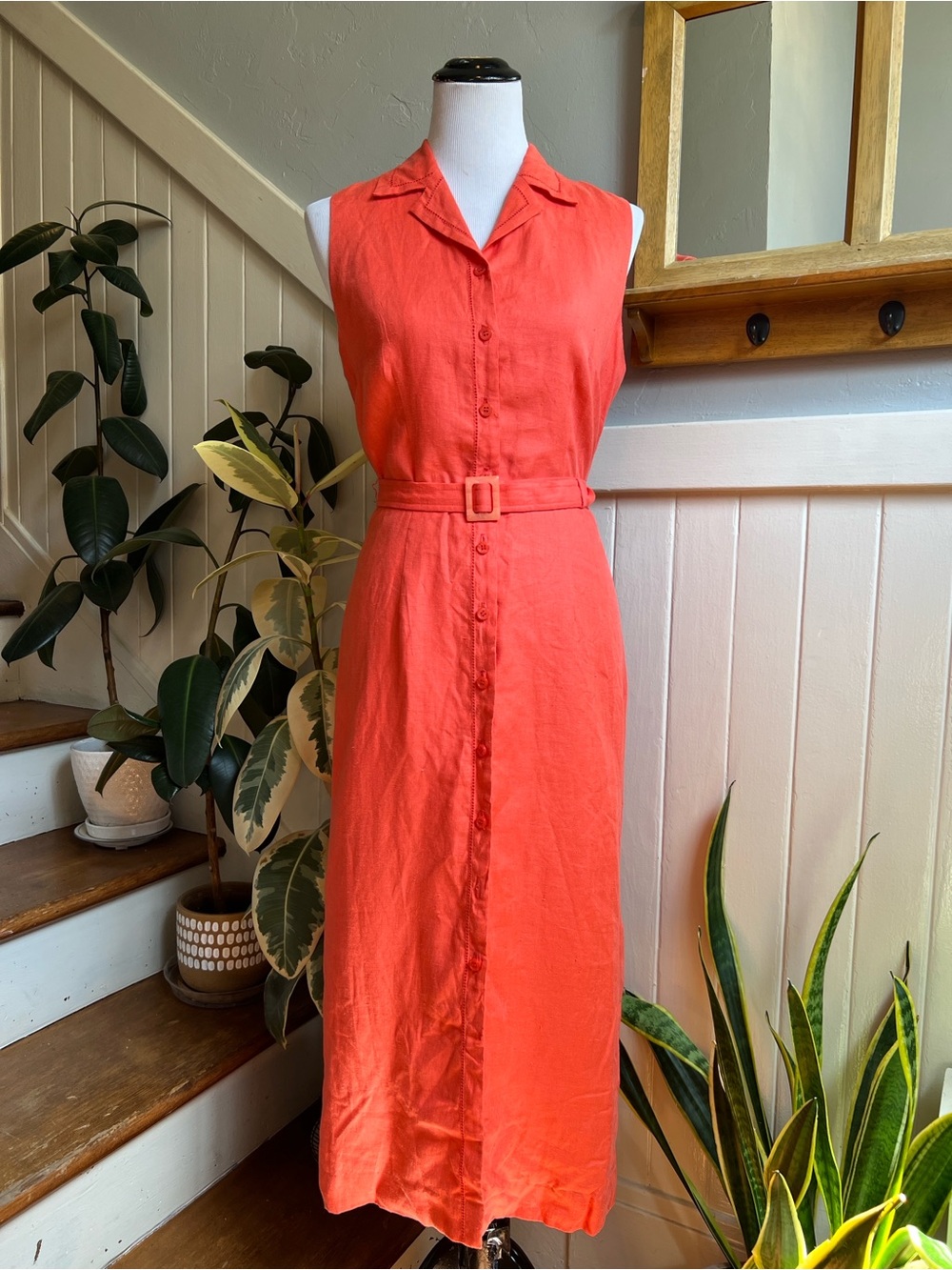 Vintage Yves Cossette for Saks Fifth Avenue Coral Linen Sleeveless Shirt Dress